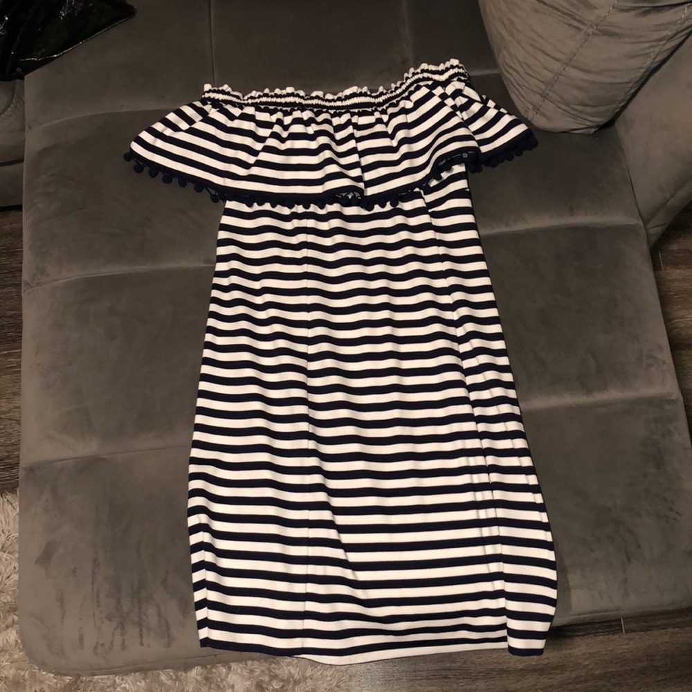 Stripe off the shoulder pom pom dress